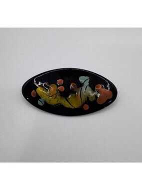 Vintage Enamel on Copper Brooch Abstract Art Black Oval 2” Mid Century Pin MCM